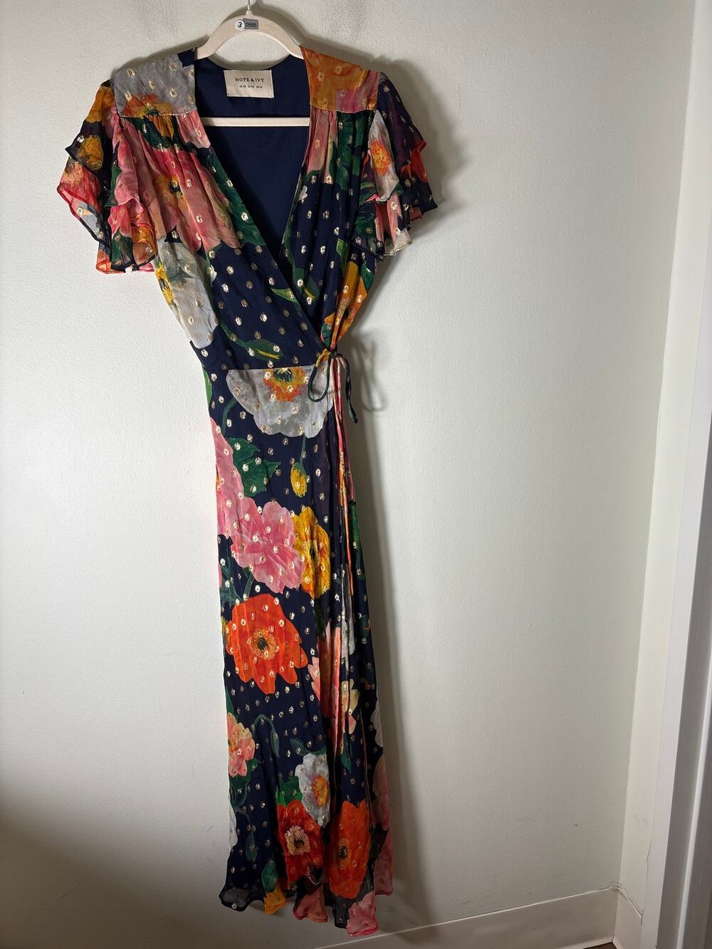 Hope & Ivy Navy Blue Gold Floral Flutter Sleeve Wrap Dress Sz 10